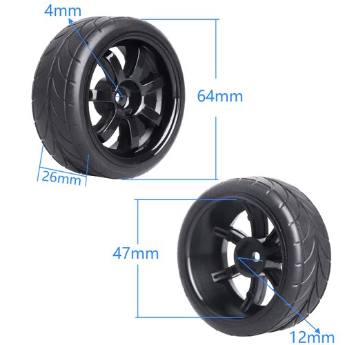 4PCS Width:1.02" (26mm) OD 2.56"(65mm) Rubber Tires & Wheel Rims 12mm Hex Hub for 1/10 Scale RC Vehicle On Road Touring Car