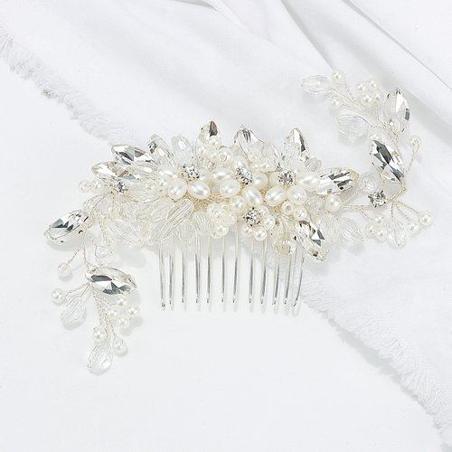 Exacoo Wedding Hair Comb Wedding Hair Pieces for Brides Crystal Rhinestone Pearl Flower Bridal Wedding Diamond Hair Accessories Silver Side Combs Hair Jewelry for Bride Bridesmaid Flower Girl