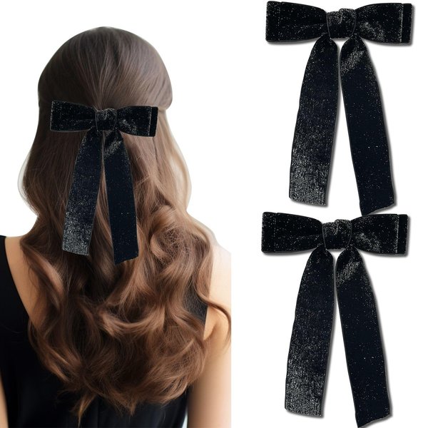Jseng 2PCS Bling Velvet Bow Hair Clips, Black Ribbon Bow Hair Clips for Women, Ponytail Holder Accessories Metal Clips Hair Bow for women Girls Teens