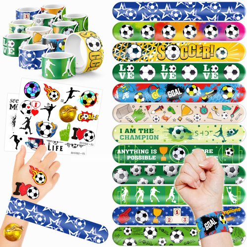 48PCS Soccer Party Favors 24PCS Tattoos 24PCS Slap Bracelets Wristbands Themed Birthdays Party Supplies Decorations Decor Sport Football World Cup Europa Pattern Gifts School Classroom Prize Exchange