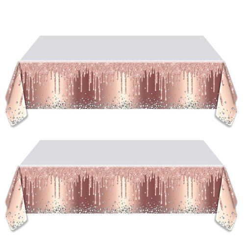 OULUN 2Pcs Pink Rose Gold Birthday Party Tablecloth, 42''x71'' Rose Gold Glitter Birthday Theme Table Cover for Girls Silver Birthday Party Supplies
