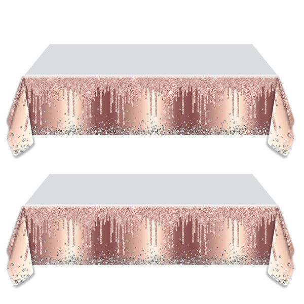 OULUN 2Pcs Pink Rose Gold Birthday Party Tablecloth, 42''x71'' Rose Gold Glitter Birthday Theme Table Cover for Girls Silver Birthday Party Supplies