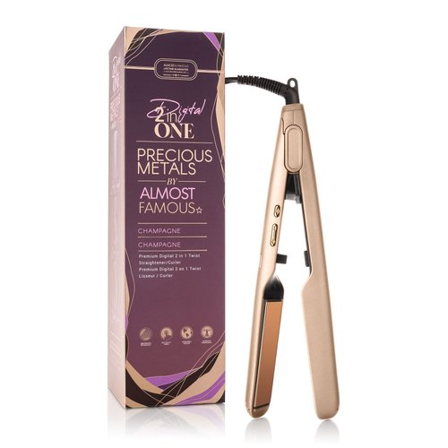 Almost Famous Digital 2 in 1 Twist Hair Straightener and Curling Flat Iron with Rose Gold Titanium Plates, Adjustable Heat Setting, Professional Beauty Tool for All Hair Type - Champagne