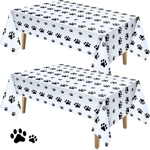 Tatuo 2 Pieces Puppy Paw Print Plastic Tablecloth Disposable Table Cover Puppy Themed Birthday Party Decorations for Dog Party Supplies (Black,108 x 54 Inch)