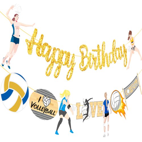 Volleyball Happy Birthday Banners 2Pcs Volleyball Themed Birthday Party Decoration Volleyball Player Cutout Banner for Volleyball Theme Party Decoration Baby Shower Supplies