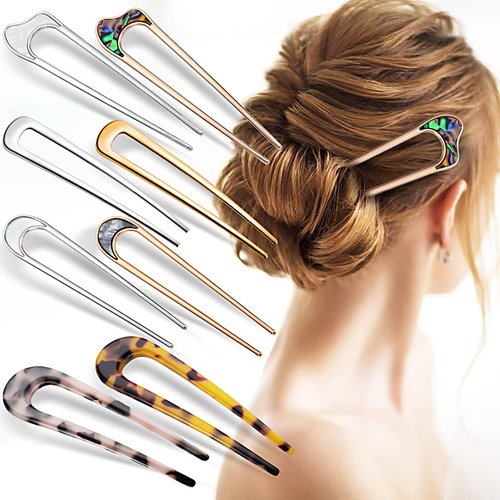 Yolev 8 Pieces U-shaped French Hair Pins Metal Chignon Hair Pins Acetate 2 Prong Bun Updo Hair Fo...