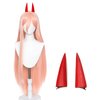 Aicos Long Pink Cosplay Wig for Anime Role Cosplay, Pink Wigs with Horns for women, Cute Costume Wig with a Free Wig Cap