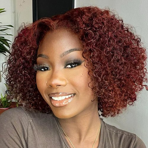 Tuziyi 10Inch Reddish Brown Lace Front Wigs Human Hair Curly 180% Density Reddish Brown Curly Wigs Human Hair 13x4 Auburn Lace Front Wig Human Hair 33# Brown Deep Wave Lace Front Wigs Human Hair