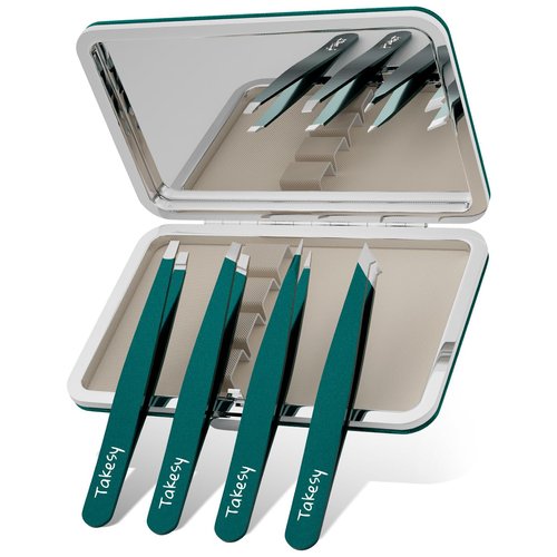 Professional Tweezers for Facial Hair and Eyebrows with Mirror Case (Green)