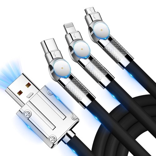 New Upgrade 6.6ft 180°Rotating 3 in 1 Multi Charging Cable Light Up Liquid Silicone Fast Long Charger Cord for IP/Type C/Micro USB Port for Cell Phones/IP/Samsung/Huawei/LG/PS/Tablets(Black)