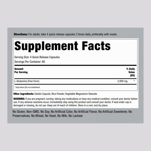 Piping Rock L Glutamine Capsules | 2000 mg | 240 Count | Free Form Amino Acid Supplement | Non-GMO, Gluten Free