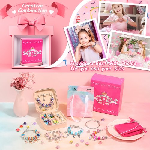 Charm Bracelet Making Kit for Girls, 140 PCS DIY Craft Bead Sets Jewelry Making Kit for Teen Girls Age 5 6 7 8-12, Portable Bracelet Organizer Gift Box for Teenage Birthday Christmas Stocking Gift