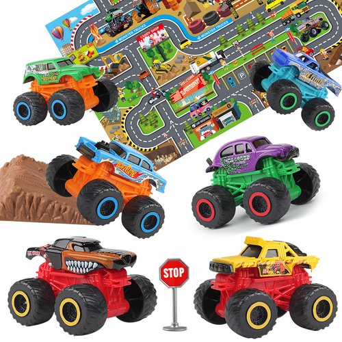 Oriate 6 Pack Die Cast Monster Truck Toy Set for Girls Boys, Include 6 Diecast Monster Trucks w/Indoor Room Activity Mat Kids Car Christmas Party Favors
