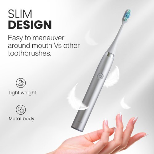 Tranqwil Slimsonic Electric Toothbrush - Vibration Plate Brushhead, 42,000 VPM Motor, 60 Day Charge, 5 Modes, 2 Min Built-in Smart Timer (Silver Metal)