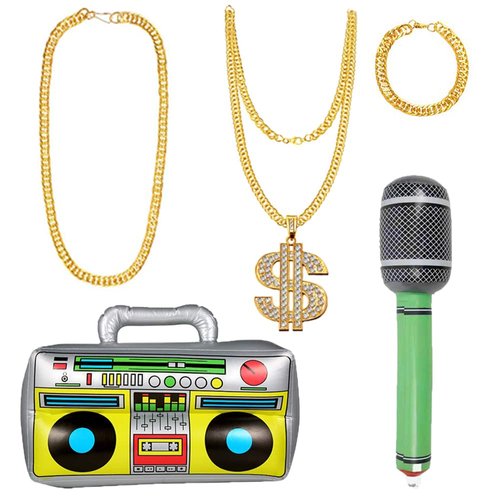 Juephe 5 Pieces 80s/90s Hip Hop Costume Kit Cool Rapper Outfits Accessories with Inflatable Radio Box, microphone, Gold Chain, Gold Bracelet