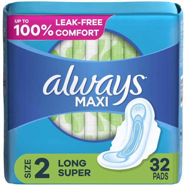 Always Maxi Feminine Pads For Women, Size 2 Long Super Absorbency, With Wings Unscented, 32 Count