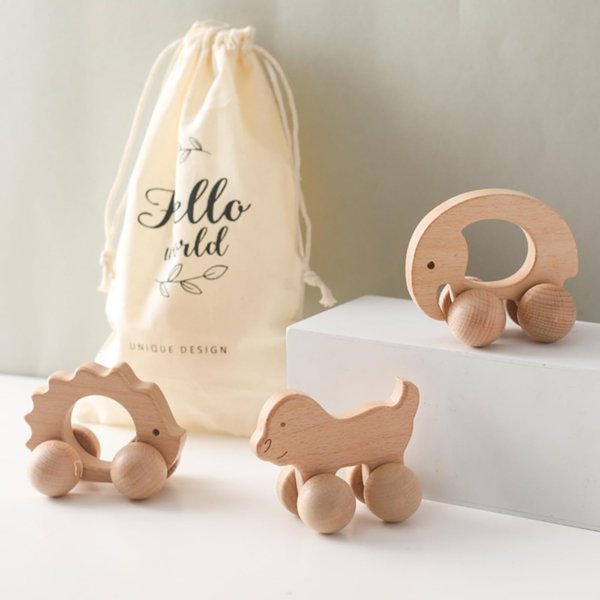 Baby Wooden Toy Car Set 3PC | Wooden Animal Push Cart Toy with Wheels | Montessori Wooden Animal Cart 3-Piece Set for Toddlers | Suitable for Boys and Girls with Skill Development
