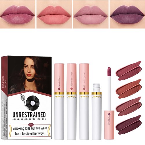 BEUKING 4 PCS Cigarette Case Lipstick Set Nude Matte Little Tube Lip Gloss Fashion Style Long Lasting Not Fade High Pigment Velvety Waterproof Non-stick Cup Portable Lip Tint For Women Lip Makeup (#B)