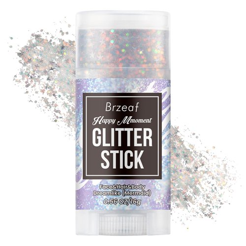 Brzeaf Waterproof Mermaid Glitter Stick, Shimmery& Long Lasting, Hair Eyeshadow Face Body Glitter, Singer Concert Music Rave Festival, Glitter Stick Makeup & Face Glitter Gel for Women Men 0.56 Oz