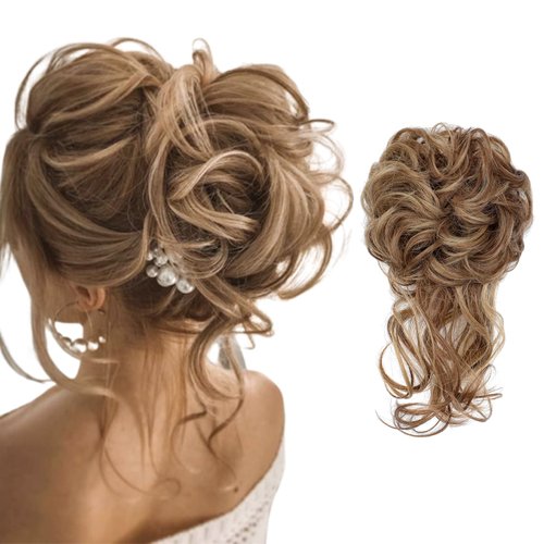 Messy Bun Hair Piece Tousled Updo Hair Buns Extension Elastic Hair Band Hair Pieces Curly Hair Bun Scrunchie for Women Curly Chignon Ponytail Hairpiece Daily Wear(Light Brown mix Ash Blonde)