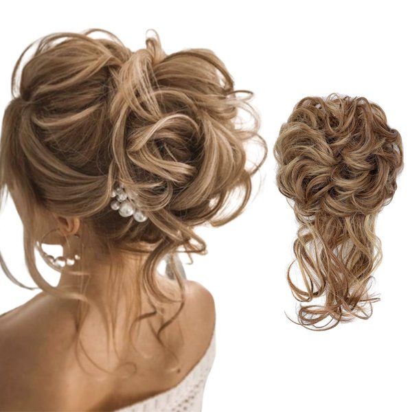 Messy Bun Hair Piece Tousled Updo Hair Buns Extension Elastic Hair Band Hair Pieces Curly Hair Bun Scrunchie for Women Curly Chignon Ponytail Hairpiece Daily Wear(Light Brown mix Ash Blonde)