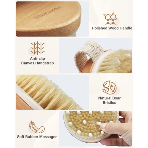 Dry Brushing Body Brush, POPCHOSE Exfoliating Body Brush for Beautiful Skin, Body Scrubber for Cellulite and Lymphatic Drainage, Blood Circulation Improvement with Natural Bristles Massage Nodules