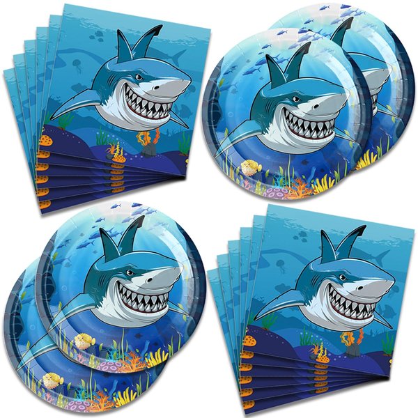 Generic 40pcs Shark Party Supplies，Shark theme Paper Plates Napkins，Shark Ocean Theme Birthday Party Decoration Party Birthday Decorations Favors for Kids Serves 20 (Shark), reglue