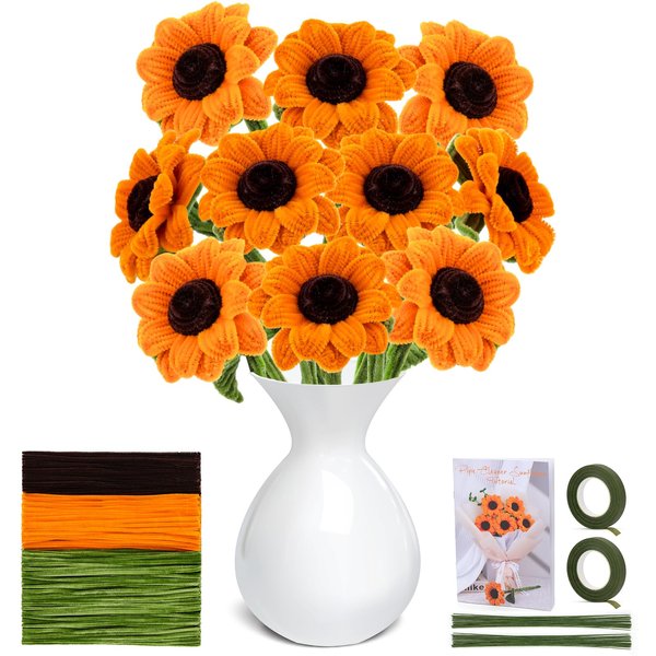 Zlulary 520PCS Pipe Cleaner Craft, Pipe Cleaner Sunflowers Kit, Chenille Stem Crafts with Step-by-Step Video Tutorials for DIY Craft Project and Home Decoration (10 Sunflowers)