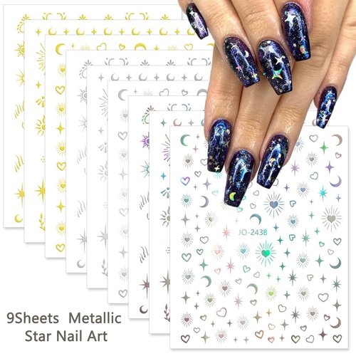 9 Sheets Moon Star Nail Stickers 3D Self-Adhesive Gold Silver Nail Art Stickers Sun Star Moon Nail Decals Shiny Star Stickers for Nail Art Decorations Star Nail Charms for DIY Acrylic Nail Supplies