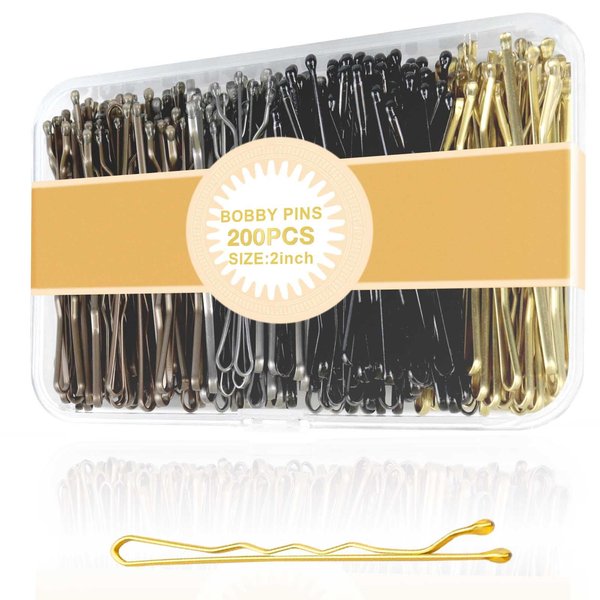 PROPOG Bobby Pins 200 Pcs, Hair Pins for Buns & Updos Hair Accessories Bobby Pin Metal Hair Pin with Storage Box Hairpins for Women and Girls (Black Gold Brown Silver)