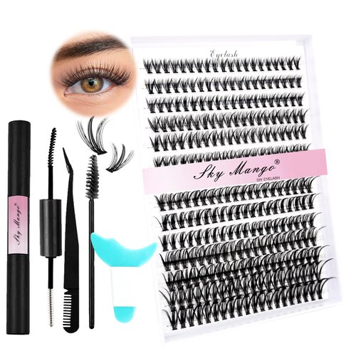 SKY MANGO Lash Clusters Kit 280 PCS Eyelash Extension Kit 30d Curl 8-16 mm Mix with Lash Bond and Seal and Lash Tweezers and Lash Brush Waterproof DIY Lash Extension kit for Beginners