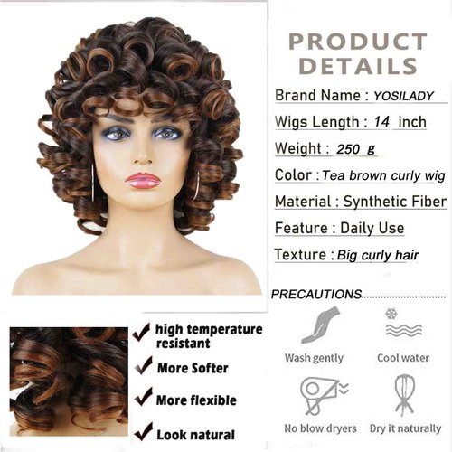 YOSILADY Brown Curly Wigs for Black Women Short Curly Wig with Bangs Soft Loose Curly Wigs for Women Synthetic Fiber Glueless Hair for Daily (Brown)