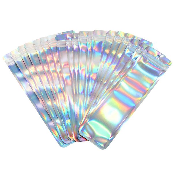 LZLPACKING 100 Pieces Storage Bags Holographic Packaging Bags, Storage Bag for Food Storage, Clear Front with Aluminum Foil Back，Resealable Ziplock and Heat Sealable for Food Storage (9 x 2.4 Inches)