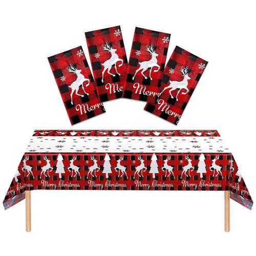 YiYou 4 Pack Christmas Tablecloth 54×108 Inches Plastic Christmas Tablecloths for Rectangle Table...