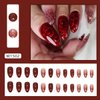 24Pcs Red Press on Nails Short Almond Fake Nails Sequins Glitter Full Cover Tip Stick on Nails with Glue Red Flower Bling Glossy Designs Artificial Acrylic False Nails for Women Manicure Decorations