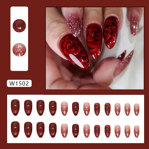 24Pcs Red Press on Nails Short Almond Fake Nails Sequins Glitter Full Cover Tip Stick on Nails with Glue Red Flower Bling Glossy Designs Artificial Acrylic False Nails for Women Manicure Decorations