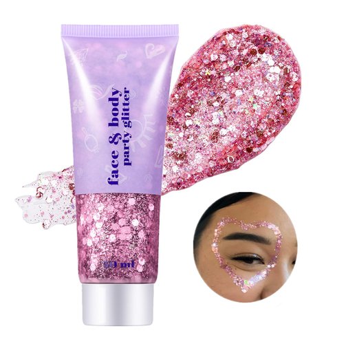 Go Ho Pink Body Glitter Gel,Singer Concerts Pink Face Glitter Makeup,Holographic Chunky Sequins Glitter for Lip/Hair/Nails,Music Gift for Disco Outfit Woman,Festival Rave Accessories,Pink Glitter
