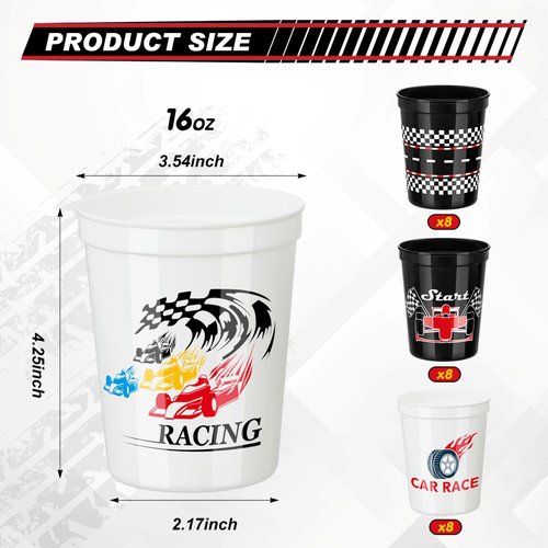 Domensi 24 Pcs Racing Car Party Cups Checkered Plastic Cup 16oz Race Car Themed Stadium Cups Race Car Birthday Party Supplies Checkered Flag Party Favors