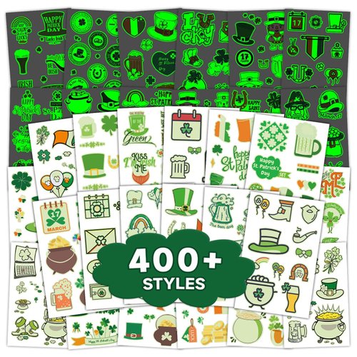EMOME 400 Styles Glow St Patrick's Day Tattoos for Kids, Kids Tattoos Temporary for St Patricks Day Decorations Accessories, Shamrock Tattoo Stickers for St. Patrick's Day Party Favor (56 Sheets)