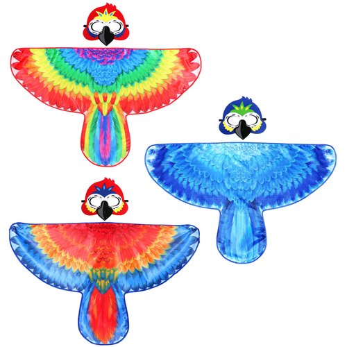 D.Q.Z Bird-Wings-Costumes for Kids with Bird Masks, 3 Pack Eagle Owl Wings for Boys Girls Halloween Dress Up Party Supplies (Parrot)