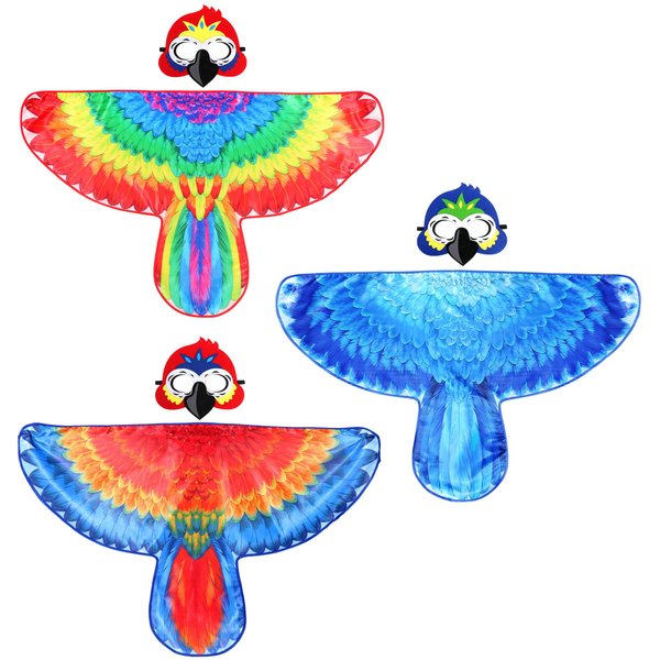 D.Q.Z Bird-Wings-Costumes for Kids with Bird Masks, 3 Pack Eagle Owl Wings for Boys Girls Halloween Dress Up Party Supplies (Parrot)