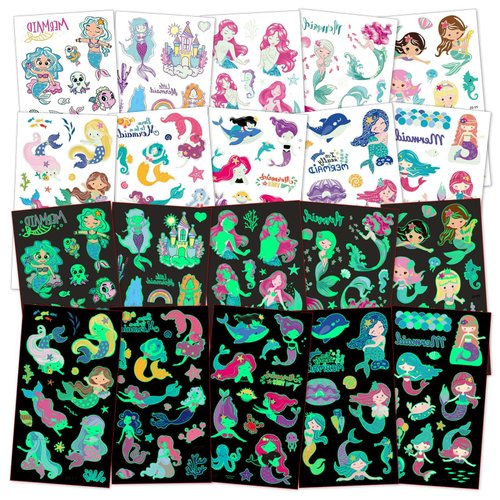 AOMIG Temporary Tattoo for Kids, 10 Sheets Glow In The Dark Cartoon Mermaid Tattoo Stickers, Waterproof Luminous Fake Tattoo Stickers Set for Boys Girls Birthday Party Bag Filler