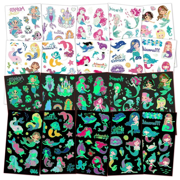 AOMIG Temporary Tattoo for Kids, 10 Sheets Glow In The Dark Cartoon Mermaid Tattoo Stickers, Waterproof Luminous Fake Tattoo Stickers Set for Boys Girls Birthday Party Bag Filler