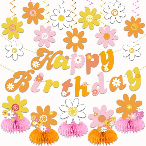 LARRAZABAL Groovy Party Decorations Daisy Birthday Party Decorations Include Happy Birthday Banner Hanging Swirls and Honeycomb Centerpiece Groovy Retro Party Supplies