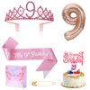 9th Birthday Decoration for Girl,It's My 9th Birthday Sash Rhinestone Crown Happy Birthday Cake Topper Foil Balloon for Girls Birthday Gift Party Decorations Supplies (Rose 9th)