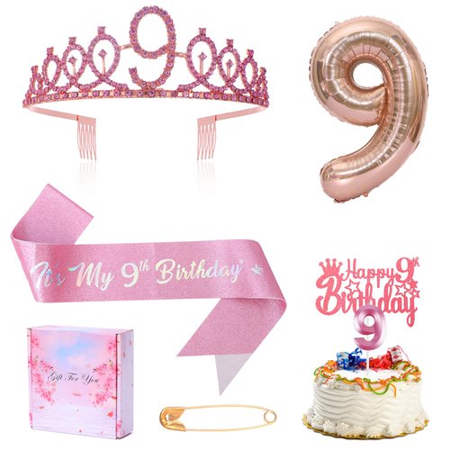 9th Birthday Decoration for Girl,It's My 9th Birthday Sash Rhinestone Crown Happy Birthday Cake Topper Foil Balloon for Girls Birthday Gift Party Decorations Supplies (Rose 9th)