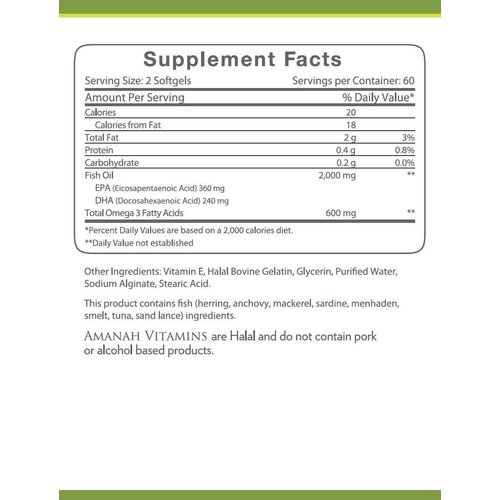 AMANAH VITAMINS Omega 3 Fish Oil 2000 mg - Halal Vitamins - 120 Softgels
