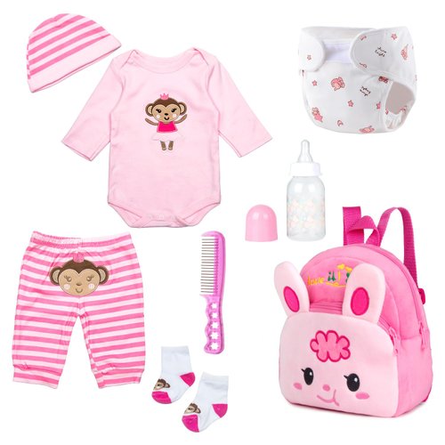 8 Pieces Reborn Doll Clothes Pink Accessories Set with Backpack for 17-22 inch Reborn Baby Doll Girl Clothing Kids Caring Set
