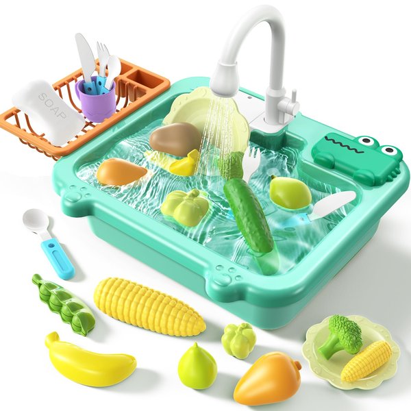 PUPU PIG Toddler Sink Toy with Running Water, Play Sink with Electric Faucet & Play Kitchen Accessories, Bath Water Toys, Pretend Role Play Dishwasher Toys for Kids Preschool Toddlers Gifts