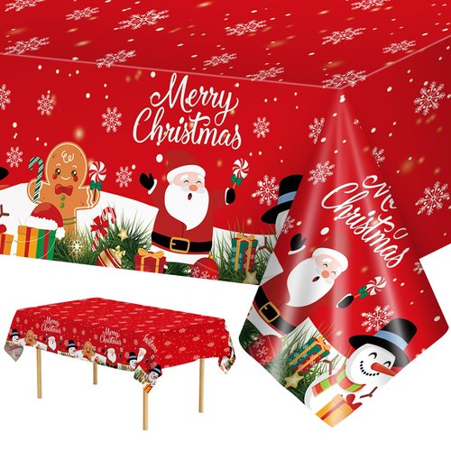 2 Pcs Christmas Tablecloth - Plastic Merry Christmas Table Cloth, Red Disposable Rectangle Cute Santa Claus Snowman Xmas Table Cover for Christmas Party Decorations Favors Table Decor, 108 x 54 Inch